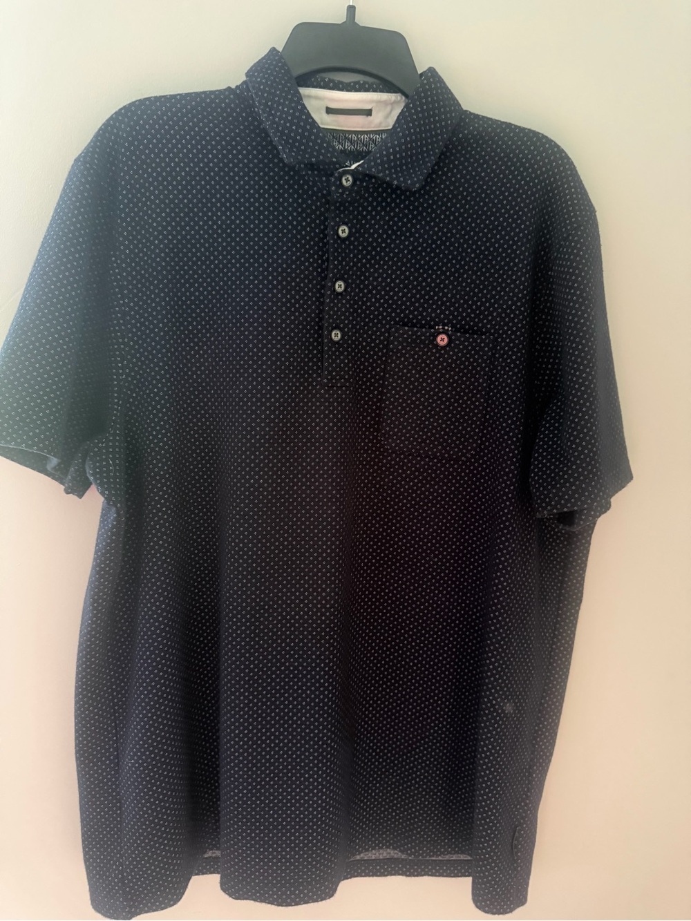 Ted Baker Navy White Graphic Microprint Polo Shirt with Chest Pocket size Small